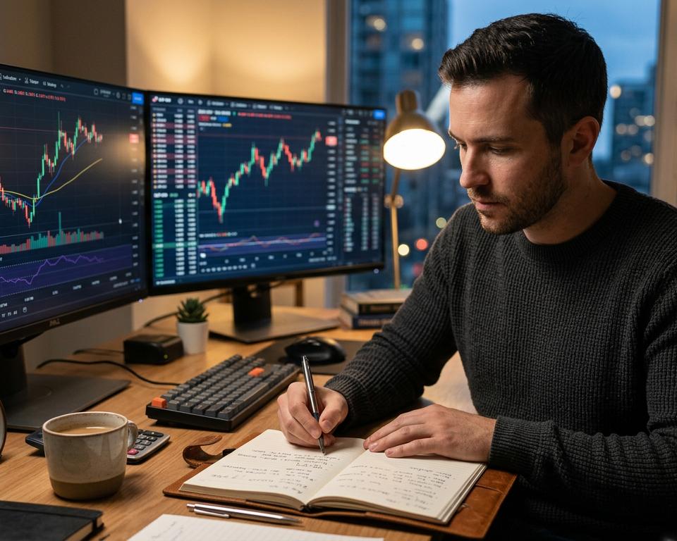 Professional day trading workspace with laptop, trading charts and InPlay stock discovery platform