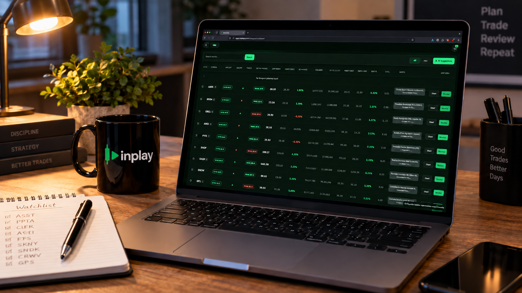 InPlay.finance stock discovery dashboard showing In-Play stocks, relative volume, price gaps, technical signals and market news