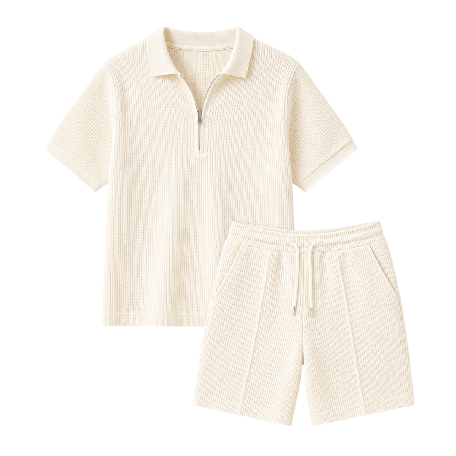 Two-Piece Set Men’s Solid Half Zip Polo Shirt & Shorts, Regular Fit Casual Fashion Cozy Br…