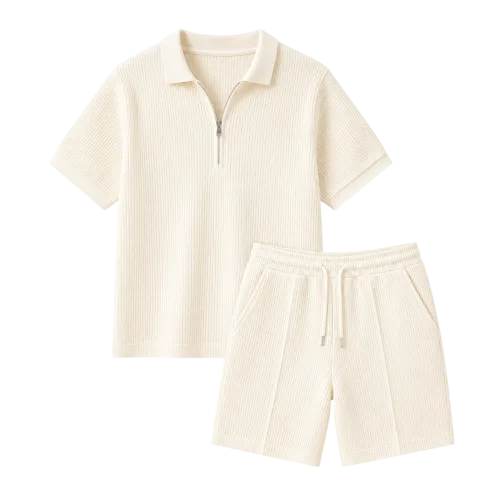 Two-Piece Set Men’s Solid Half Zip Polo Shirt & Shorts, Regular Fit Casual Fashion Cozy Br…