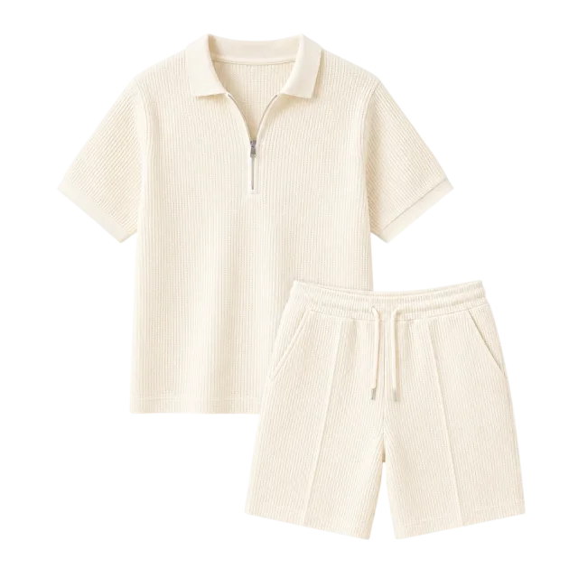 Two-Piece Set Men’s Solid Half Zip Polo Shirt & Shorts, Regular Fit Casual Fashion Cozy Br…