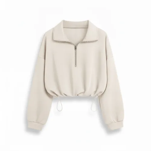 Women's Half-Zip Stand Collar Drawstring Cropped Sweatshirt